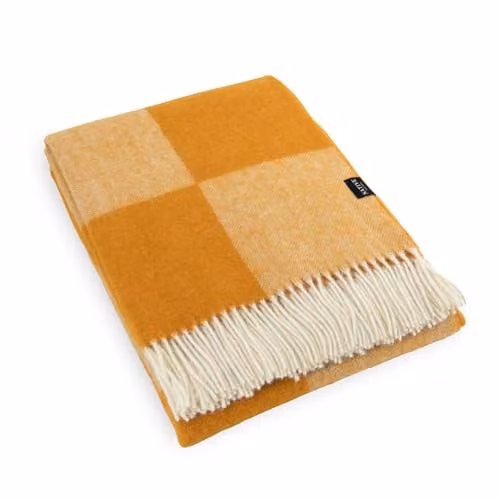 Simply Sheepskin Orange Checkerboard Jacquard Woven New Zealand Wool Blanket, W: 140 cm, L: 200 cm