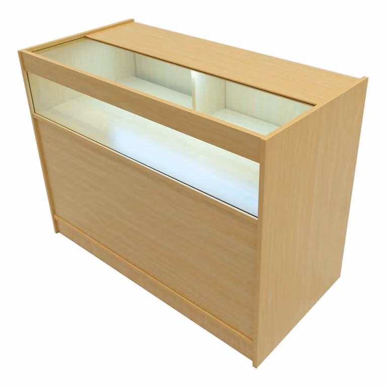 Monstershop Gravity LED Shop Counter Set in Maple and Beige with Integrated Lighting and Lockable Sliding Glass Doors