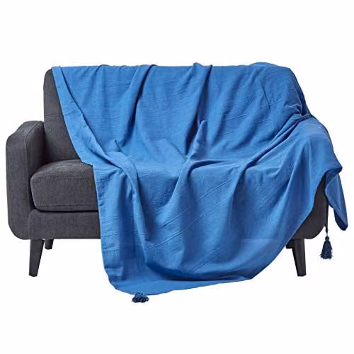 Homescapes Blue Cotton Rajput Ribbed Woven Throw, W/D/H: 225 x 255 cm