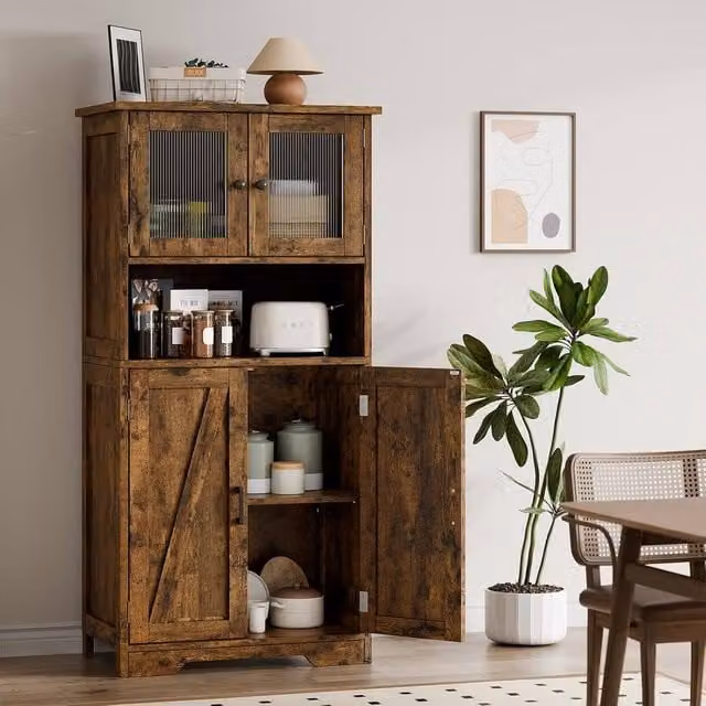 London Boutique Brown Wooden Kitchen Pantry Cupboard with Adjustable Shelves, W/D/H: 60 x 30 x 128 cm