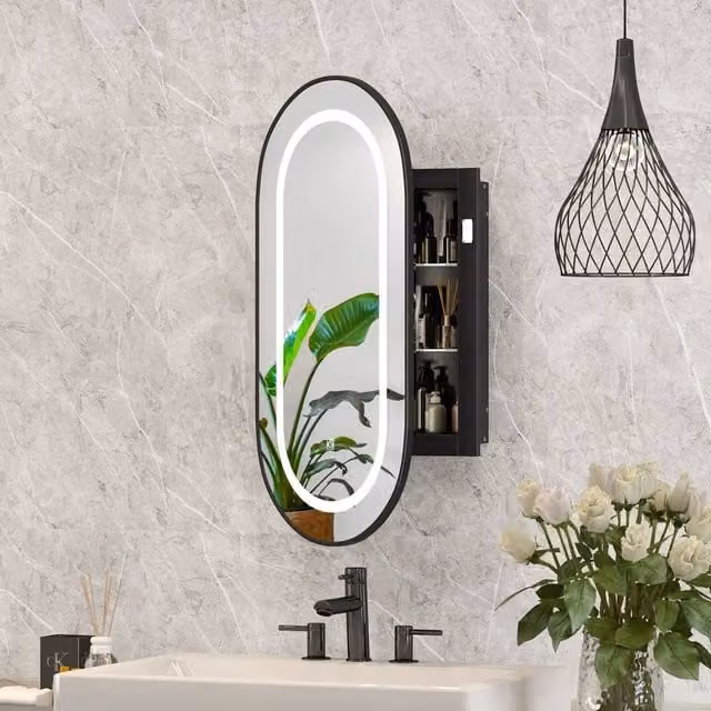 KEEPREAPER Black Oval LED Mirrored Bathroom Cabinet with 2 Glass Shelves, W: 42 cm, H: 80 cm