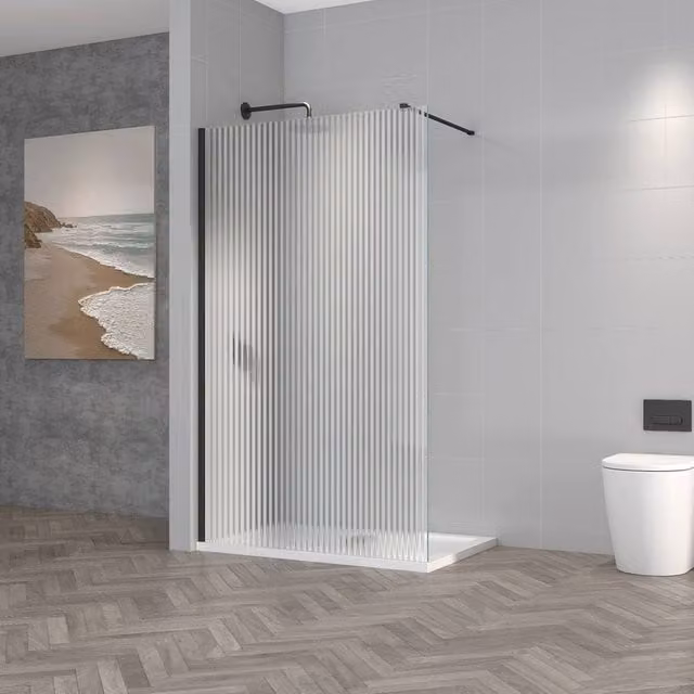 Bathroom Kingdom Milo Matt Black Fluted 8mm Wet Room Shower Glass Panel W: 800 mm, H: 195 cm