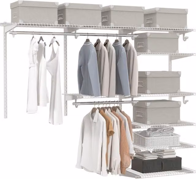 COSTWAY Wall Mounted Minimalist Closet System with Adjustable Shelves and Hanging Rod, White