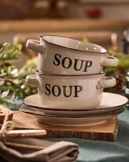 Dibor Set of 2 Ceramic Peppered Cream Soup Bowls and Bread Plates in Beige