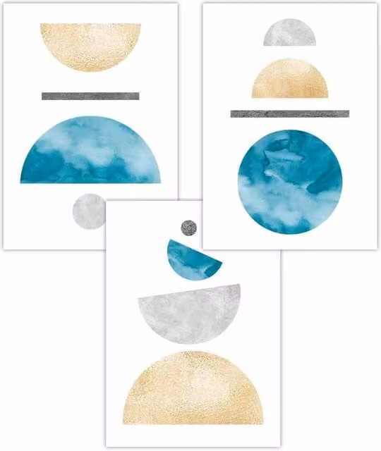 ARTZE Set of 3 Mid Century Abstract Geometric Art Posters in Yellow, Blue, Grey and Multicolour, W: 59 cm, H: 84 cm