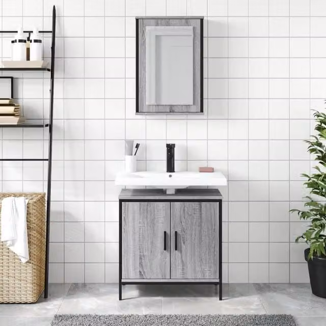 Berkfield Home Modern 2 Piece Grey Bathroom Furniture Set with Mirror Cabinet and Vanity Unit