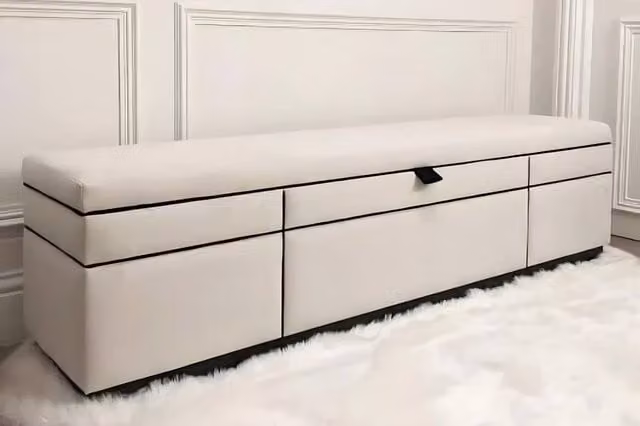 PARADISE BEDS LTD Ottoman Storage Footstool in Beige Velvet Fabric, W/D/H: 140 x 40 x 40 cm