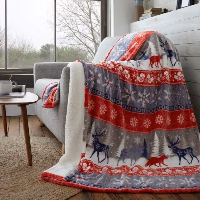 Happy Linen Company Warm Alaska Sherpa Fleece Throw in Red and Multicolour, W: 130 cm