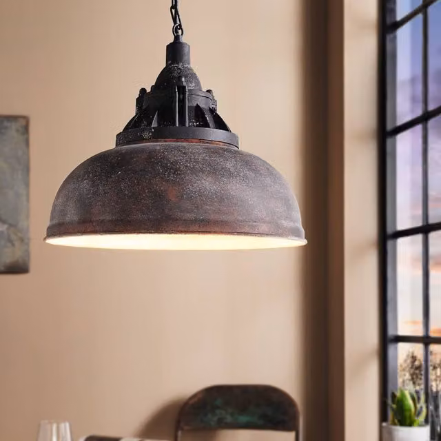 Eglo Grantham 1 Industrial Single Pendant Light in Antique Brown and Beige Metal