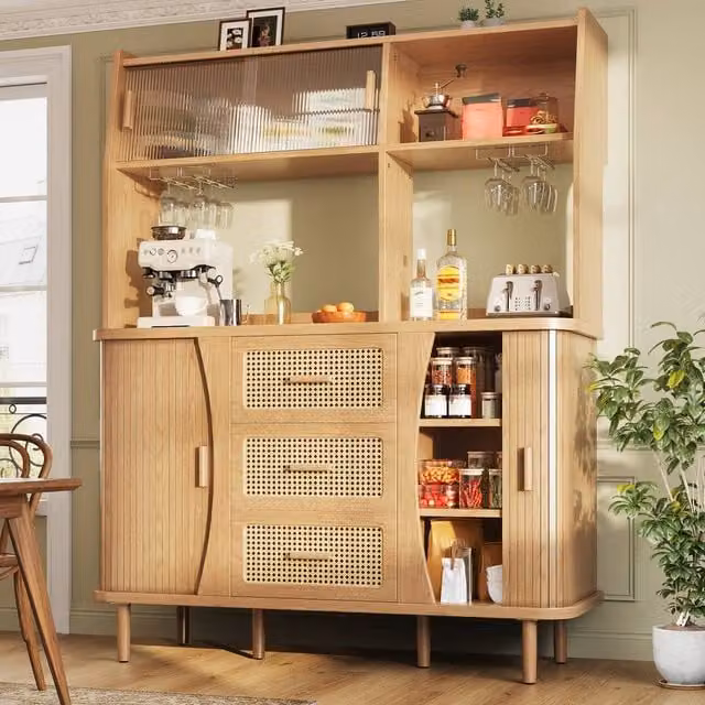 BTM Tall Kitchen Storage Unit with Glass Doors in Beige, Sand and Brown, W/D/H: 140 x 40.5 x 174.5 cm