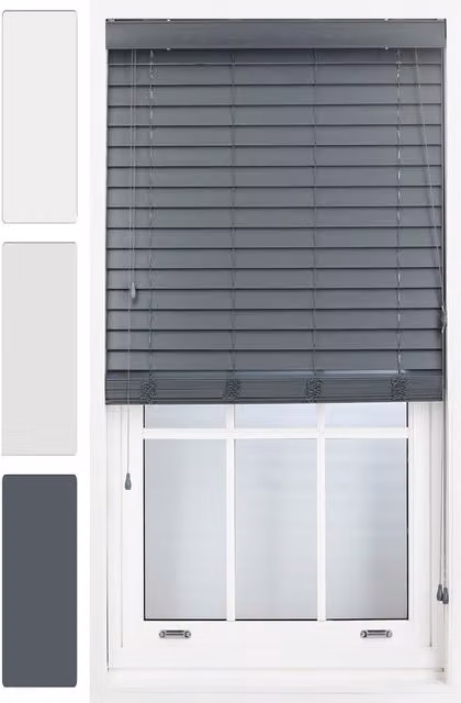 Furnished Venetian Faux Wood Window Blinds with 50mm Slats in Dark Grey, Width: 65 cm, Drop: 150 cm