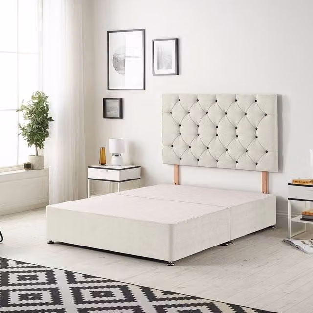 Somnior Beds Ltd Savoy Velvet Divan Bed Base with 32 inch Diamante Headboard and Drawers in Ivory, W/D/H: 80 x 190 x 34.5 cm