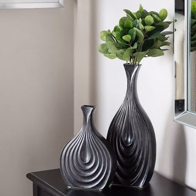 Wyld and Coco Black Porcelain Carved Irregular Tabletop Vase, Height: 39 cm