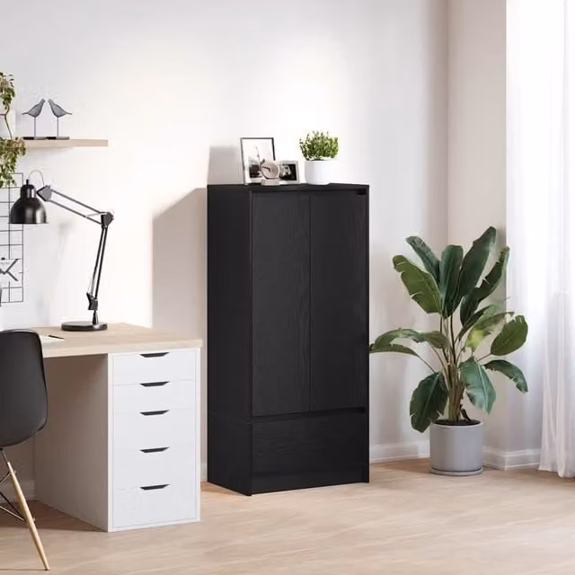 Berkfield Modern Wall Mounted Home Cabinet in Black Oak with Drawer and LED Lighting, W/D/H: 55.5 x 34 x 119.5 cm