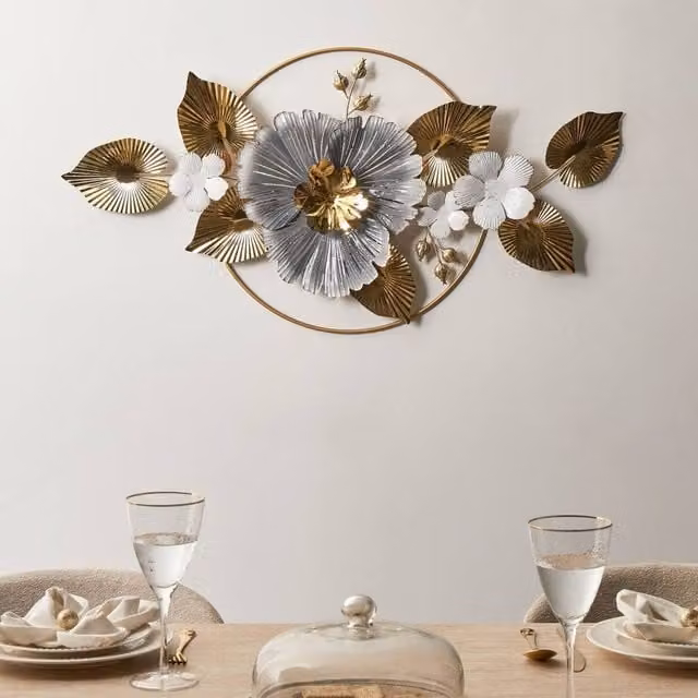 Wyld and Coco Gold Metal Floral and Geometric Round Wall Ornament