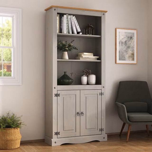 Mews Rustic Grey Pine Display Cabinet with Glass Hinged Doors and Internal Shelves