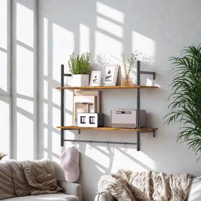 FURNOS 2 Tier Wall Mounted Floating Shelf with Hanging Rail and Hooks, Brown, W: 65 cm, H: 24 cm, D: 8 cm