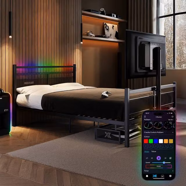 X Rocker Basecamp RGB Gaming TV Bed with App Controlled LED Lighting in Black, Size: Double (140 x 200 cm)