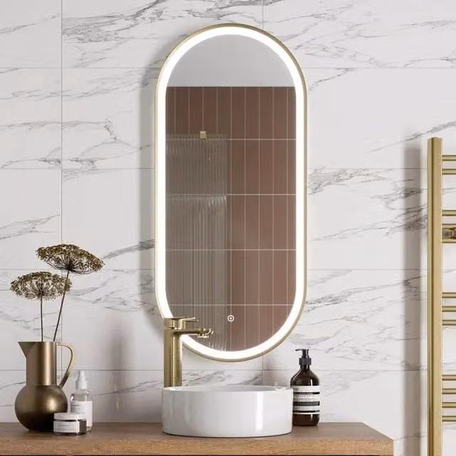Bathwell Oval LED Mirror with Demister and Touch Switch in Gold