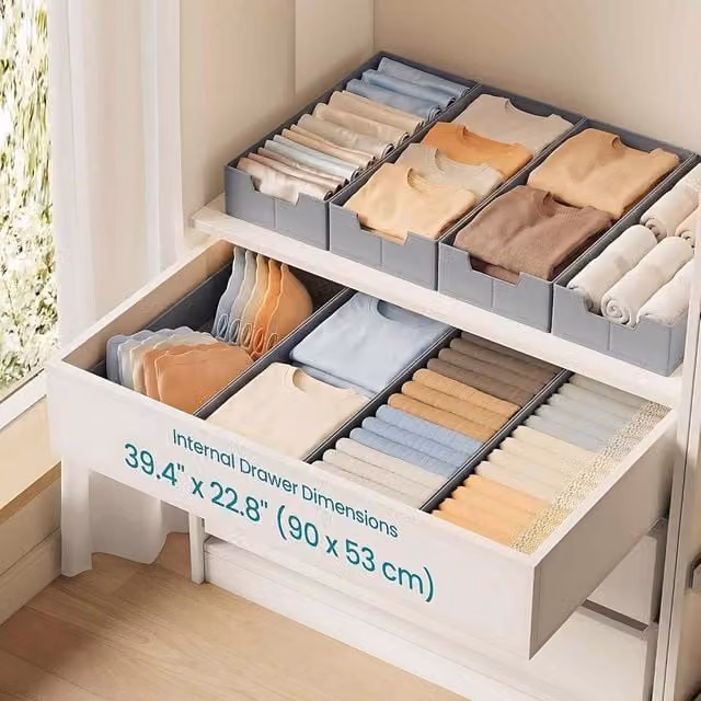 The Bazaarist Set of 4 Foldable Plastic Drawer Storage Organisers with Dividers in Dove Grey