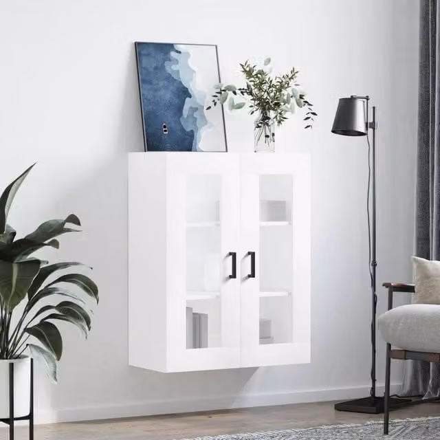 Berkfield Home Wall Mounted Cabinet with Glass Doors, White, W: 69.5 cm, D: 34 cm, H: 90 cm