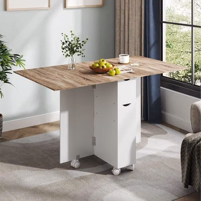 Komore Modern Oak Rectangular Folding Dining Table with Castors and Drawers in Brown