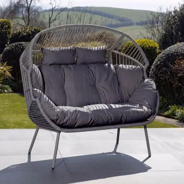 Artemis Home Cocona 2 Seat Standing Egg Chair in Dark Grey with Sun Canopy and Weatherproof Cushions