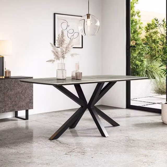 More4Homes Juno Rectangular Ceramic Dining Table in Light Grey with Black X-Frame Legs, W: 180 cm, D: 90 cm, H: 75 cm