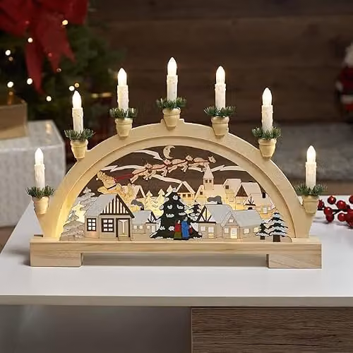 Globrite Wooden Christmas Candle Bridge Arch with Santa Village Scene and 10 Warm White LED Taper Candles