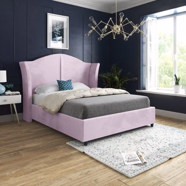 Casani Zampa Curved Top Winged Upholstered Soft Velvet Bed Frame, Pink, 180 x 200 cm