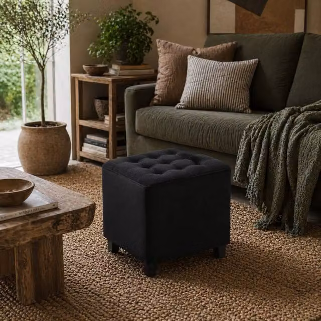 Wyld Haus Liviel Velvet Square Ottoman in Charcoal Black, W/D/H: 35 x 35 x 35 cm
