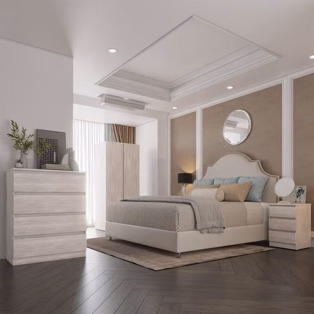 Seconique Modern Bedroom Set in White and Grey including Wardrobe, Nightstand and Chest of Drawers