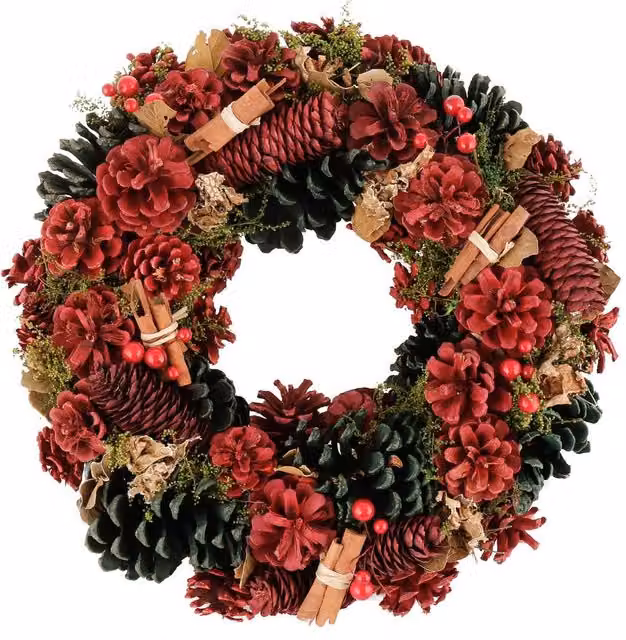 Dibor Red and Green Christmas Wreath with Cinnamon Pine Leaves, Diameter: 36 cm