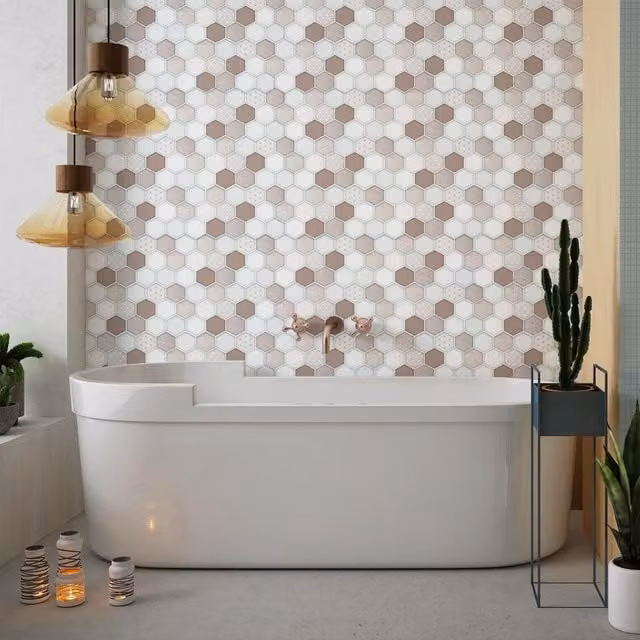 WALPLUS 3D Tile Stickers Multipack in Brown and White, Glossy Synthetic Resin Finish, 60 Pack