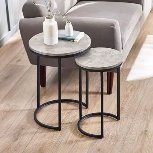 Julian Bowen Staten Round Nest of 2 Side Tables in Grey and Black Concrete Effect