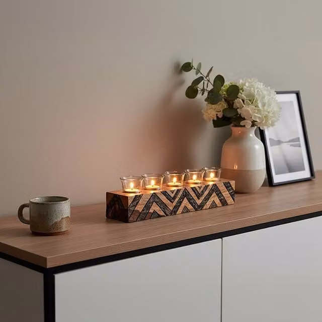 Orsina Bantu Tribal Geometric Wooden Tealight Holder in Brown and Black