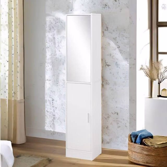FURNOS Tall White Bathroom Storage Cupboard with Mirror and Internal Shelves, H 162 x W 28 x D 32 cm