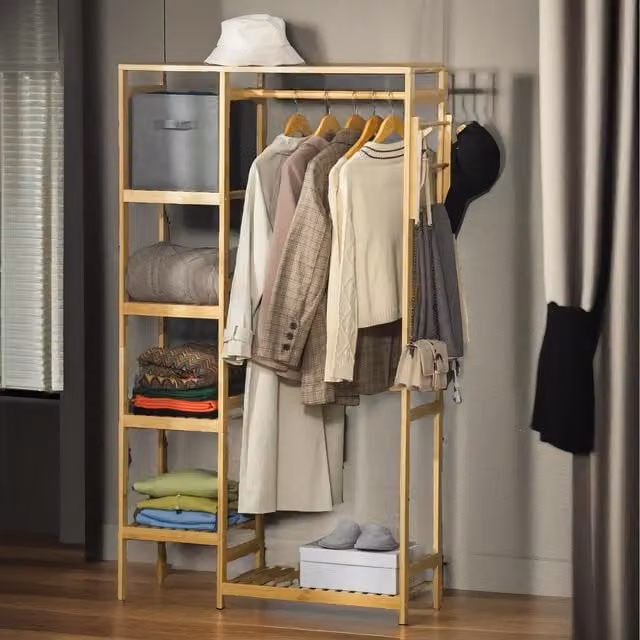 Pirlo Plush Bamboo Open Wardrobe with Internal Shelves and Hanging Rod, Natural Brown and Yellow, H 155 cm x W 90 cm x D 30 cm