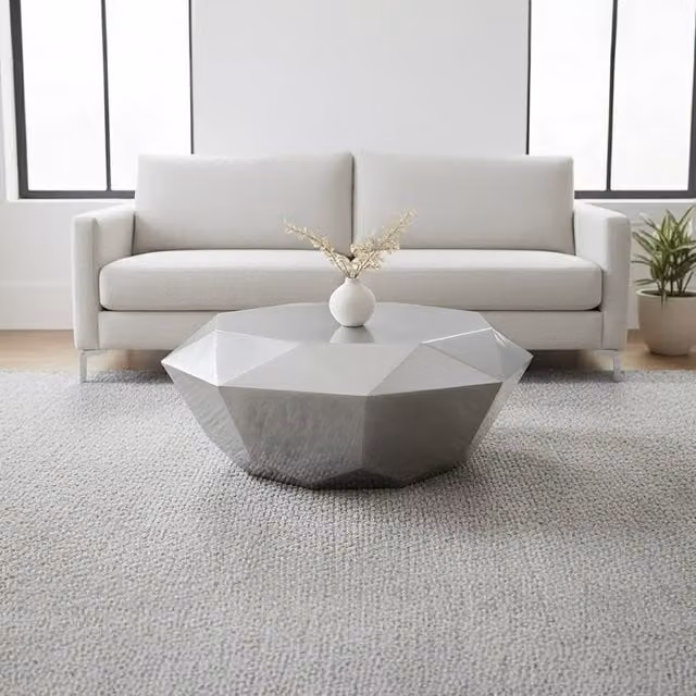 Orsina Silver Round Glass and Metal Coffee Table with Glossy Geometric Design