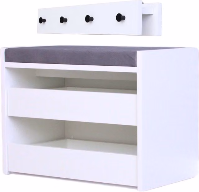 NOVECRAFTO Modern Hall Tree with Shoe Rack Storage Bench and Wall Mounted Coat Stand in White or Grey, Width: 60 cm