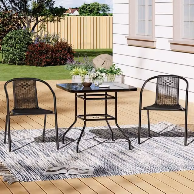 Livingandhome 3 Piece Metallic Garden Bistro Set with Umbrella Hole in Matt Black