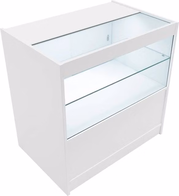 Monstershop C900 LED Retail Shop Counter in White with Glass Sliding Doors and Integrated Lighting