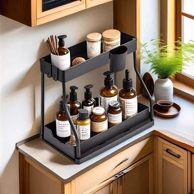 EONLION 2 Tier Under Sink Storage Shelf and Spice Rack in Black