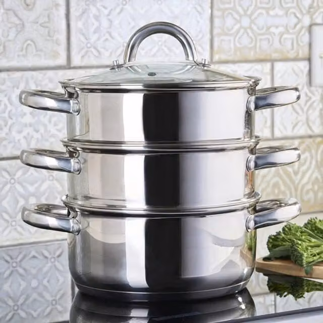 Cooks Professional 3 Tier Stainless Steel Steamer Pan with Glass Lid, Silver, Diameter: 18 cm