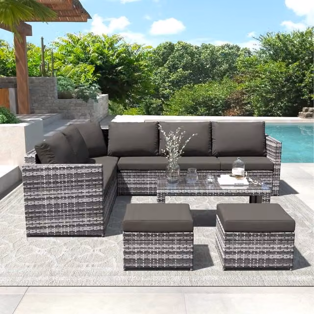 Home Touch Interior Modern Grey Rattan Outdoor Garden Corner Sofa Set