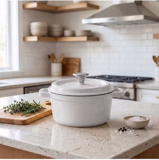 Living and Home Enamelled Cast Iron Dutch Oven Casserole Pot with Glass Lid in White, 4 l