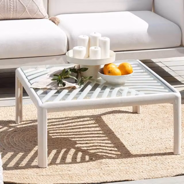 Wyld and Coco Garden Coffee Table in Beige with Glass Top, W/D/H: 69 x 69 x 32 cm