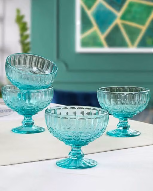 Dibor Set of 4 Vintage Turquoise Glass Dessert Bowls, Blue, H: 10 cm, W: 12 cm