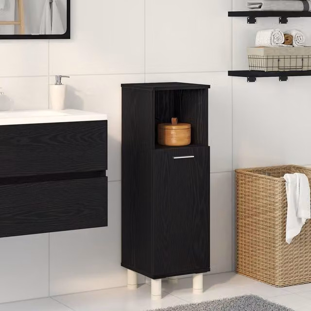 Berkfield Home Modern Black Oak Bathroom Cabinet with Hinged Doors and Open Shelf, W/D/H: 95 x 30 x 30 cm