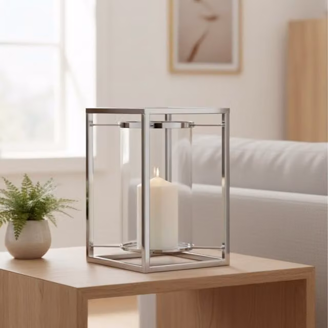 Maison Des Cadeaux Modern Round Metal Hurricane Lamp Tea Light Candle Holder in Silver